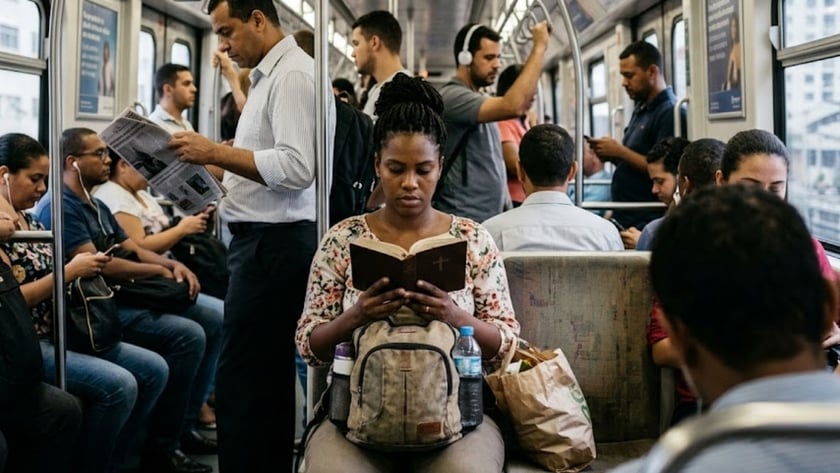 Mulher sentada em vagão de metrô lotado lê uma Bíblia, com mochila no colo.