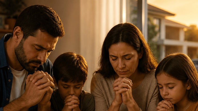 Família de quatro pessoas ora de mãos postas à mesa, com Bíblia, casa em miniatura e cofrinho.