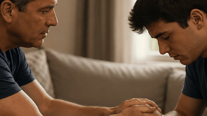 Dois homens sentados num sofá seguram as mãos um do outro; o mais jovem baixa a cabeça.