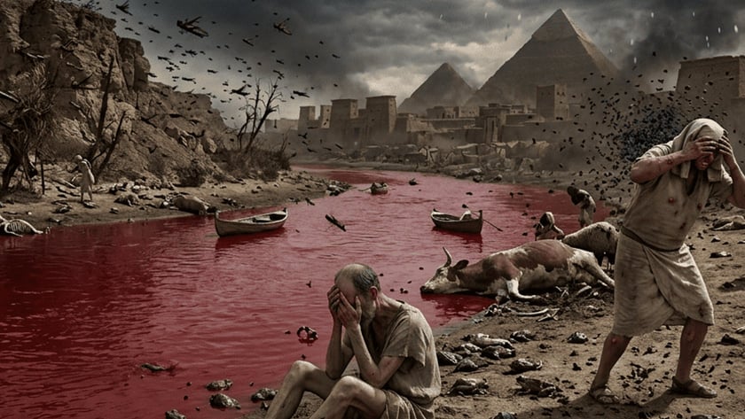 Homens aflitos junto a um rio vermelho, com gado morto, rãs, gafanhotos e pirâmides ao fundo.