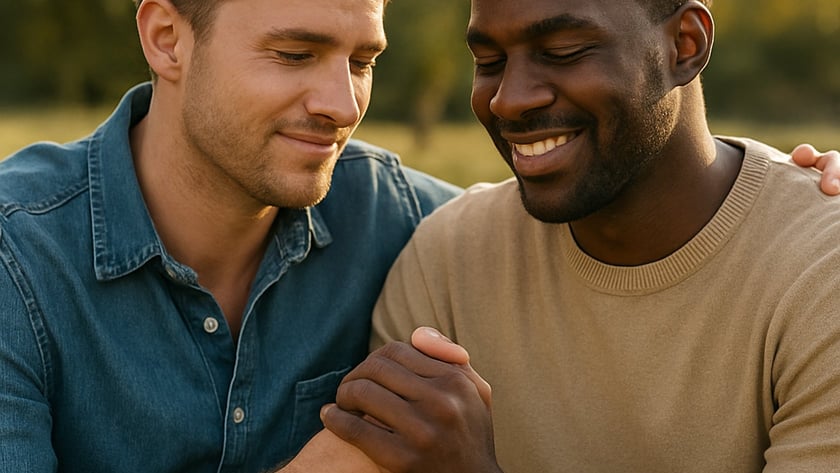 Dois homens sentados na grama de mãos dadas, sorrindo, com um braço no ombro do outro.