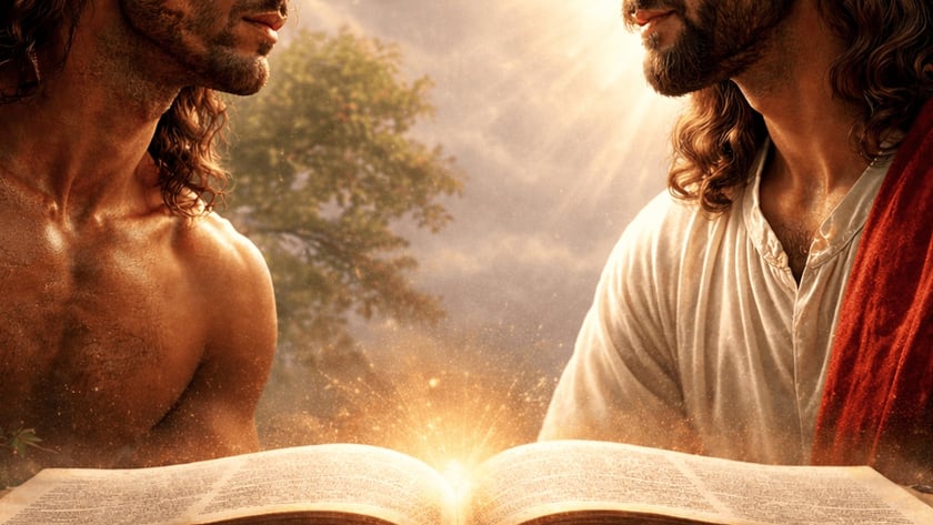Dois homens de cabelo longo e barba se encaram diante de uma Bíblia aberta.