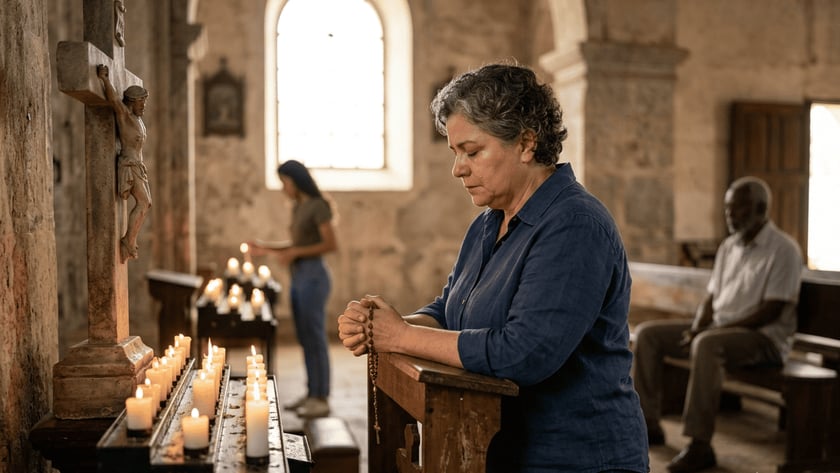 Mulher ajoelhada reza com um terço diante de velas e um crucifixo em uma igreja antiga.