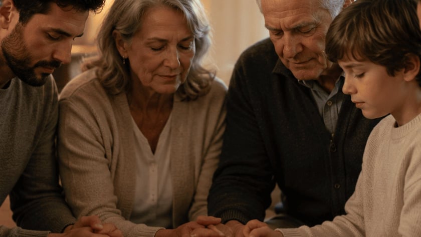 Idosos, um menino e uma mulher sentados juntos, de cabeça baixa, de mãos dadas.
