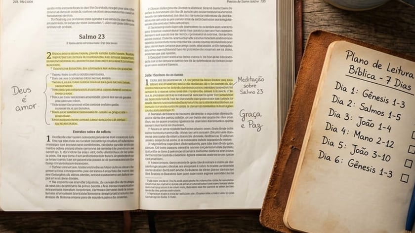 Bíblia aberta no Salmo 23, caneca de chá e caderno com "Plano de Leitura Bíblica - 7 Dias".