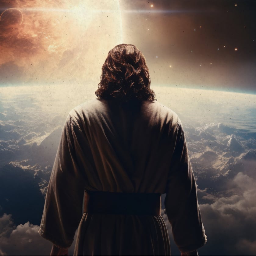 Homem de costas, cabelo ondulado e túnica, olha a Terra e um planeta no espaço.