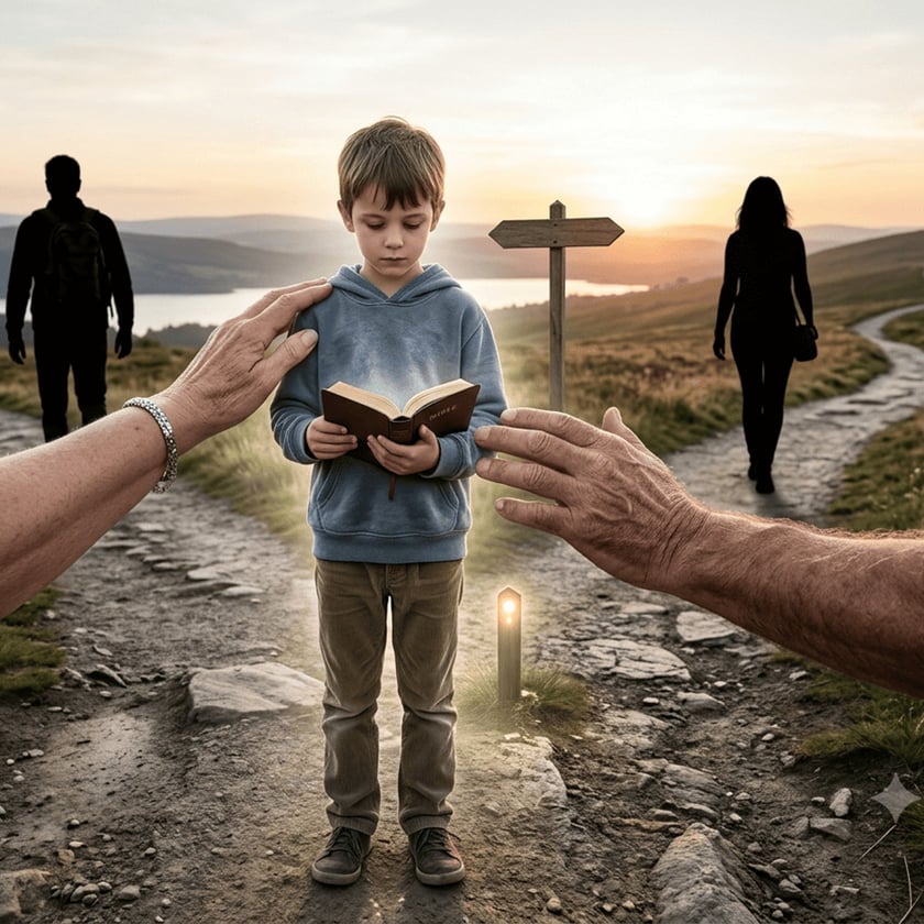 Menino segura um livro entre duas mãos adultas, numa bifurcação ao pôr do sol.