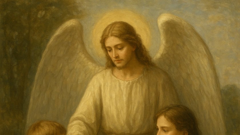 Anjo alado com auréola ampara três crianças, uma delas rezando, ao ar livre.