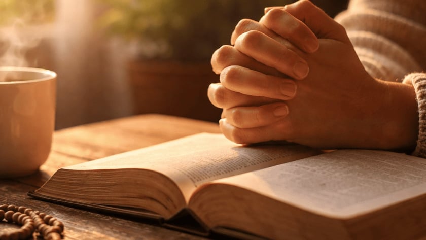 Mãos postas sobre uma Bíblia aberta, ao lado de uma xícara fumegante e um terço.