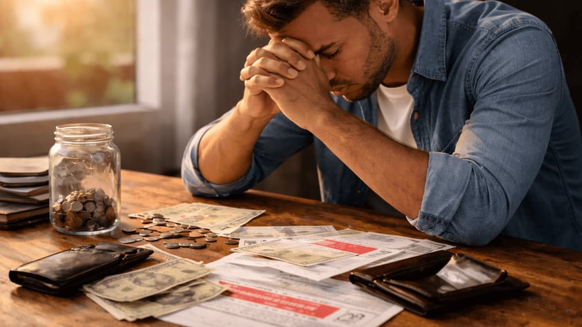 Homem sentado à mesa com as mãos na testa, diante de notas, moedas, carteira e contas.
