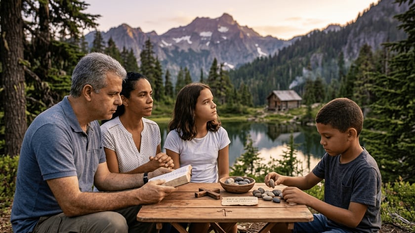 Família ao redor de mesa de madeira, com Bíblia, cruz e pedras, diante de lago e montanhas.