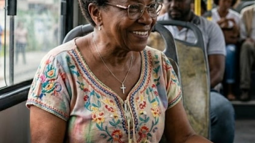 Idosa sorridente de óculos, com um livro no colo, sentada num ônibus ao lado de uma criança.