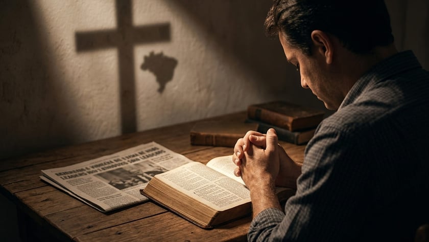 Homem de mãos postas diante de uma Bíblia aberta e um jornal, com sombra de cruz na parede.