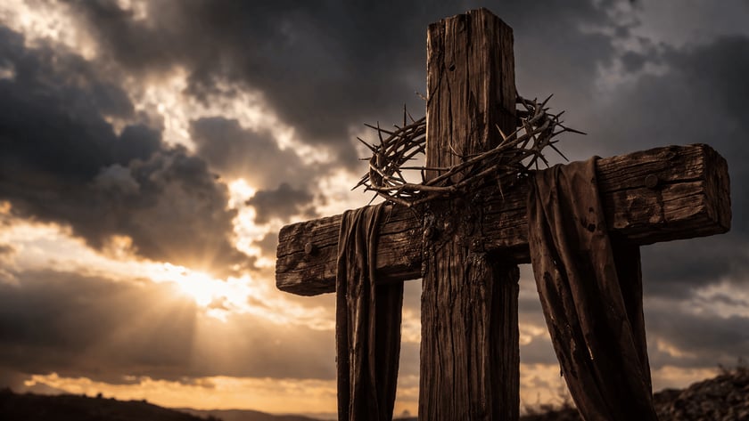 Cruz de madeira com coroa de espinhos e pano pendurado, sob nuvens carregadas ao entardecer.