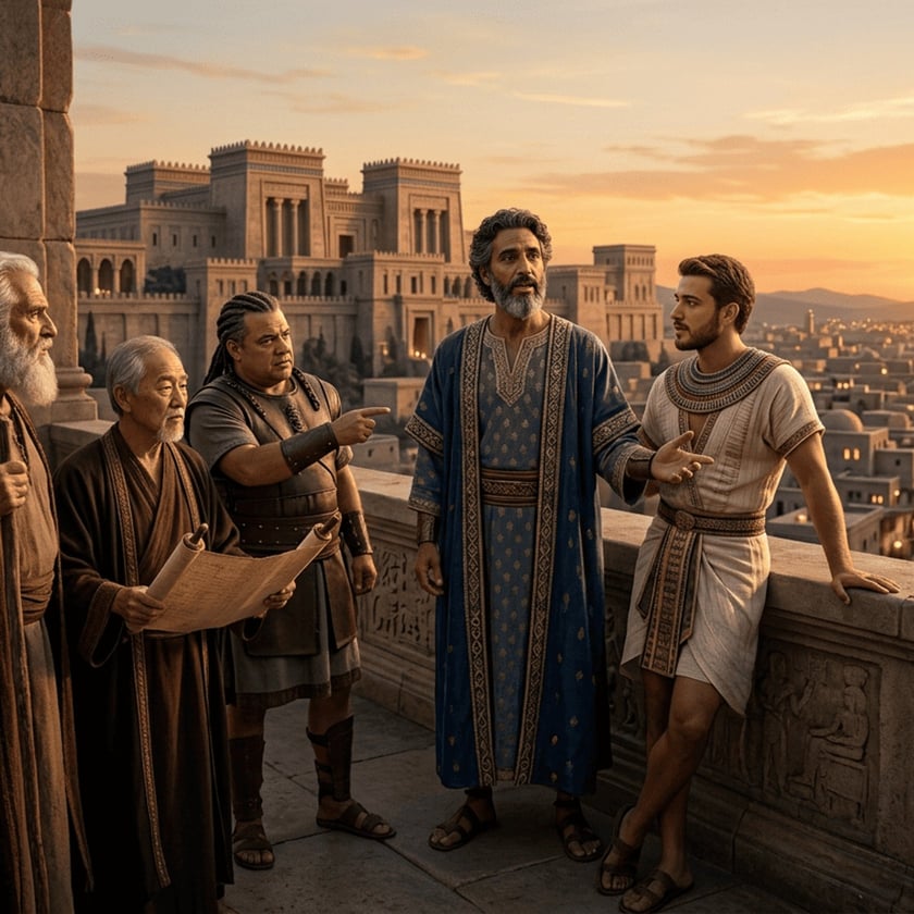 Cinco homens conversam numa sacada de pedra diante de uma grande cidade antiga ao entardecer.