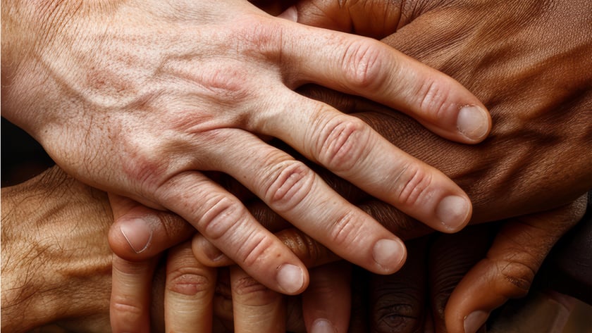 Várias mãos de tons de pele diferentes empilhadas e sobrepostas umas sobre as outras.
