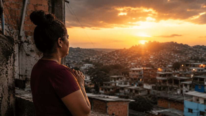 Mulher de camiseta vinho, de costas, observa o pôr do sol sobre uma comunidade em colinas.