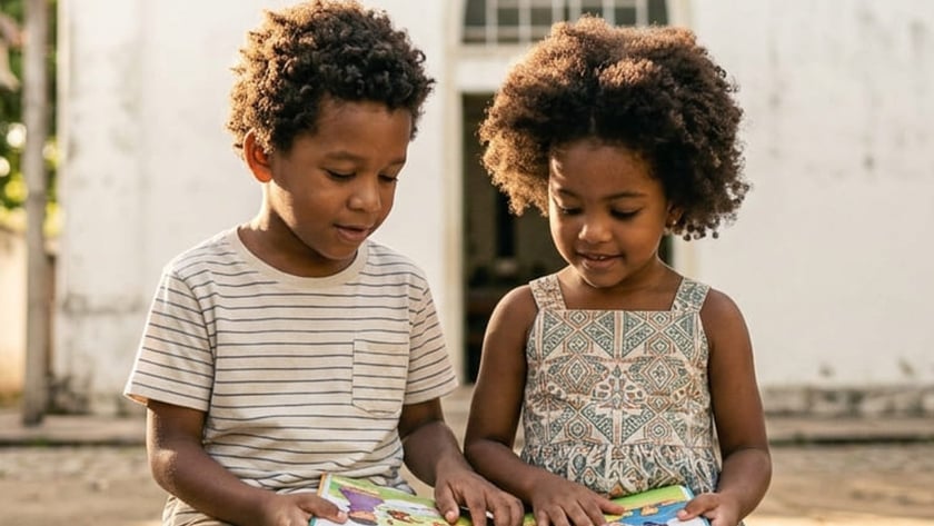 Dois irmãos sentados num banco leem juntos um livro, diante de uma igreja branca.