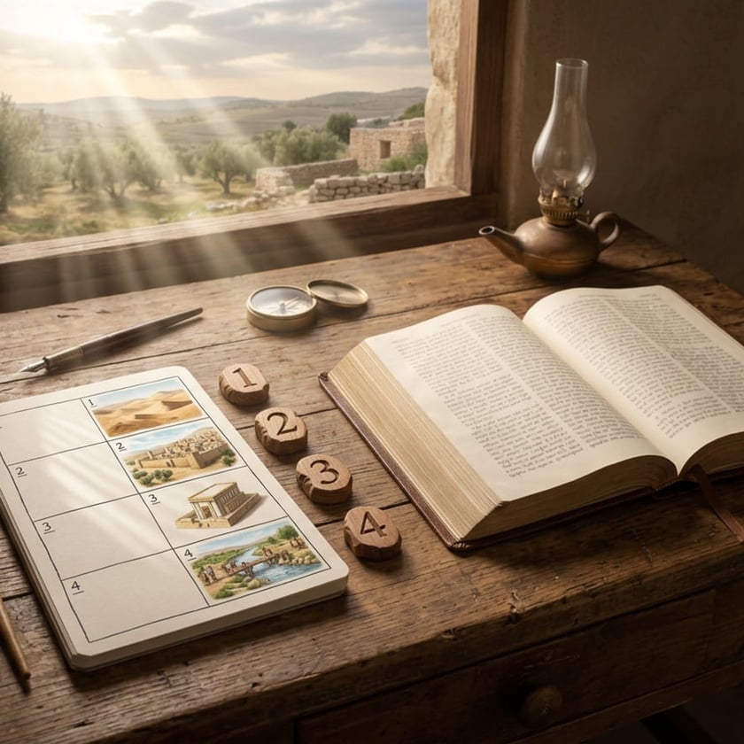 Mesa rústica com Bíblia aberta, caderno de quatro cenas numeradas, fichas de madeira e lamparina.