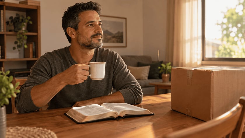 Homem de barba segura uma caneca à mesa, com Bíblia aberta e caixa de papelão.