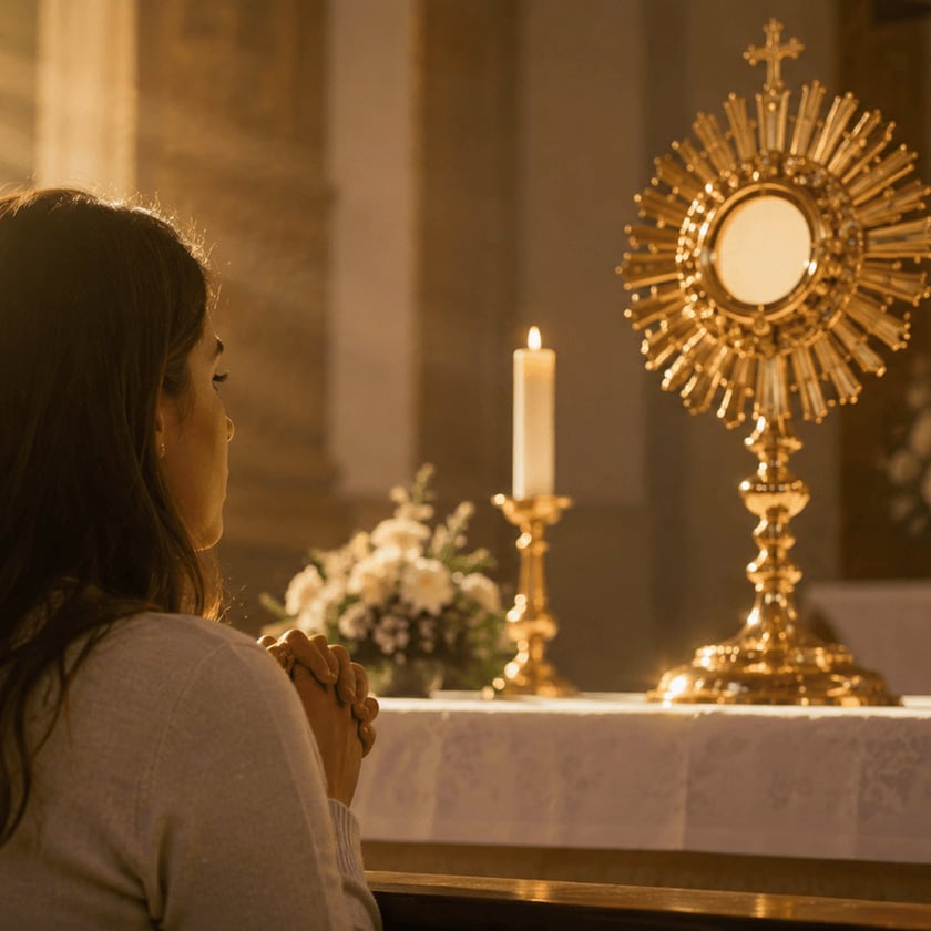Mulher de cabelos castanhos reza de mãos juntas diante de um ostensório dourado no altar.