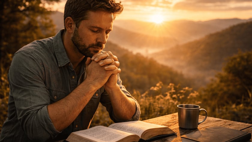 Homem de barba com as mãos unidas e olhos fechados diante de uma Bíblia aberta, ao nascer do sol.