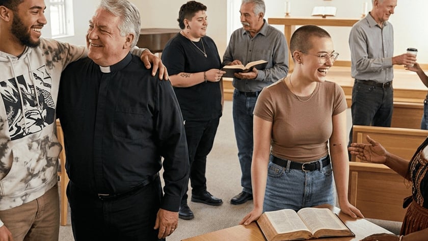 Pessoas conversam em uma capela com cruz de madeira; um padre sorri e uma jovem ri.