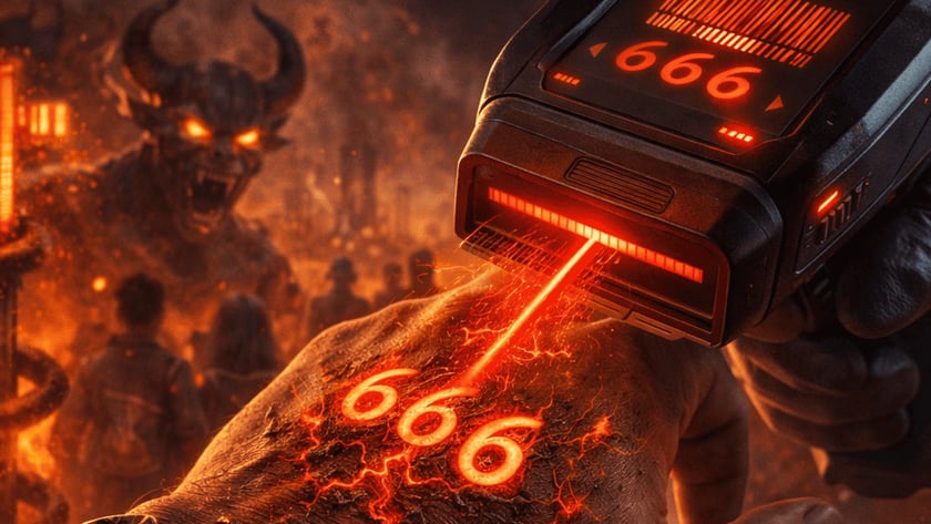 Leitor de código de barras escaneia "666" brilhante em mão acorrentada