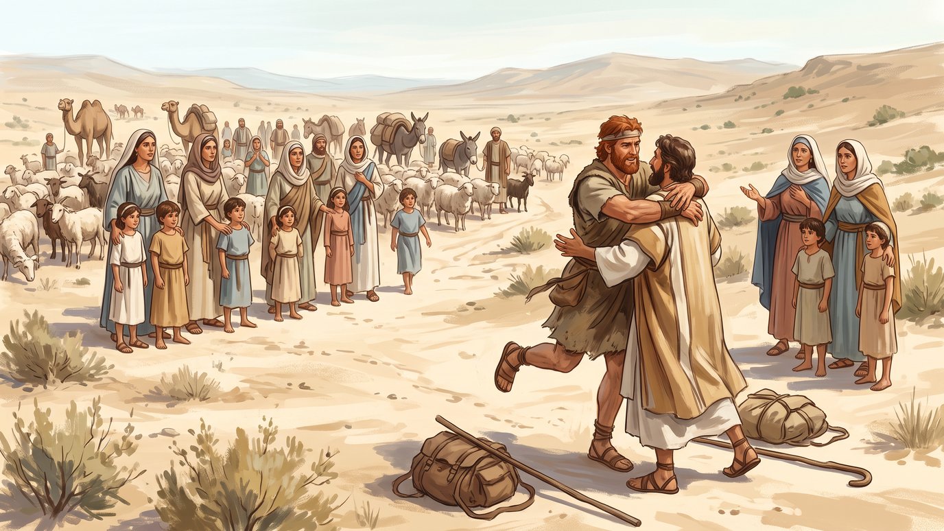 Dois homens se abraçam no deserto diante de famílias, rebanhos e camelos.