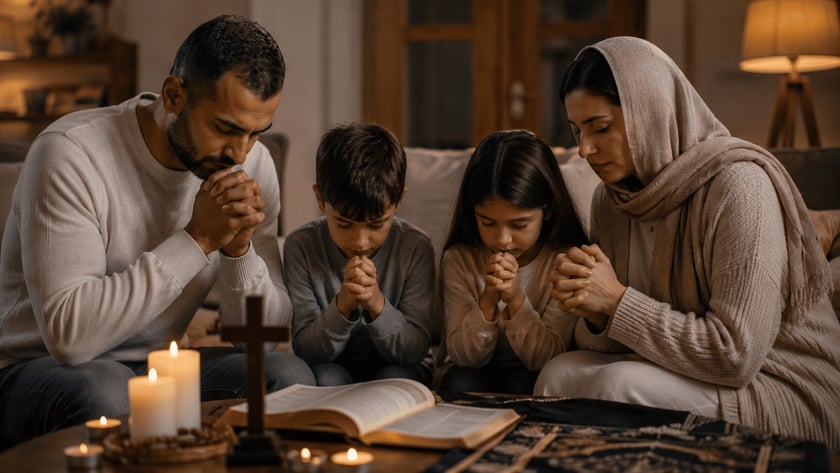 Homem, menino e menina rezam de mãos juntas diante de uma cruz, velas e Bíblia.