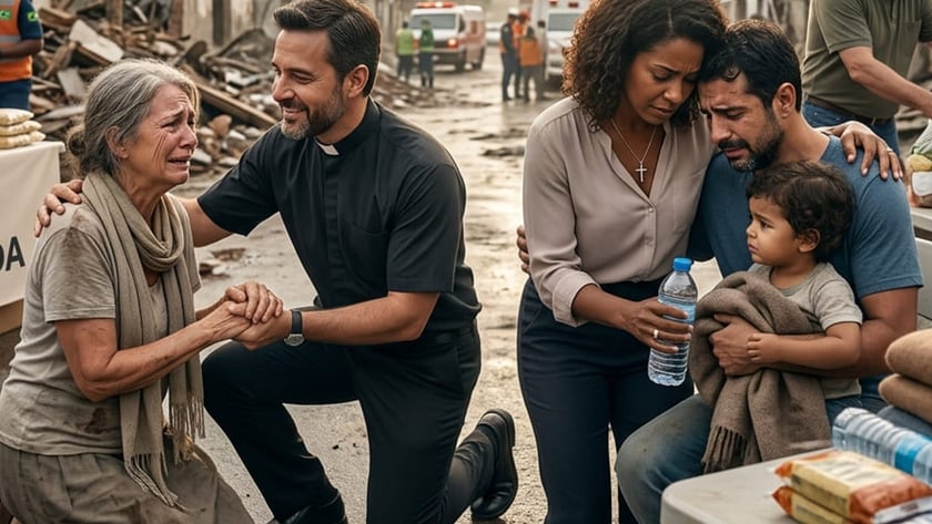 Padre ajoelhado segura as mãos de idosa; casal abraça menino em rua destruída com doações.
