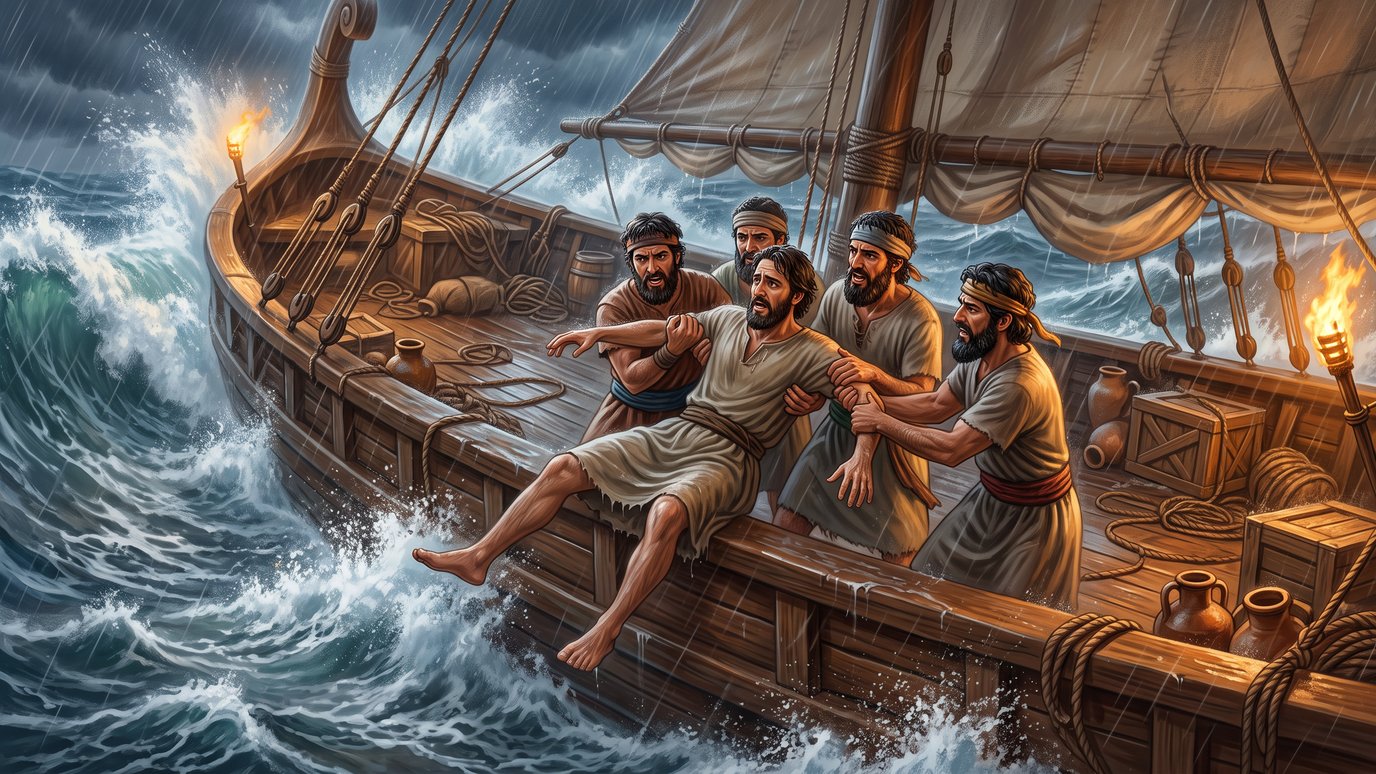 Marinheiros seguram um homem na borda de um navio em meio a uma tempestade no mar.