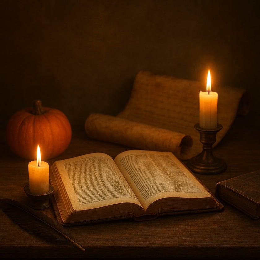 Livro antigo aberto sobre mesa de madeira, com duas velas acesas, abóbora, pergaminho e pena.