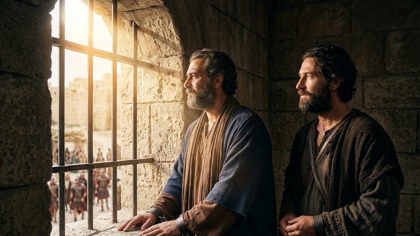 Dois homens acorrentados olham, de uma cela de pedra, soldados romanos na rua.