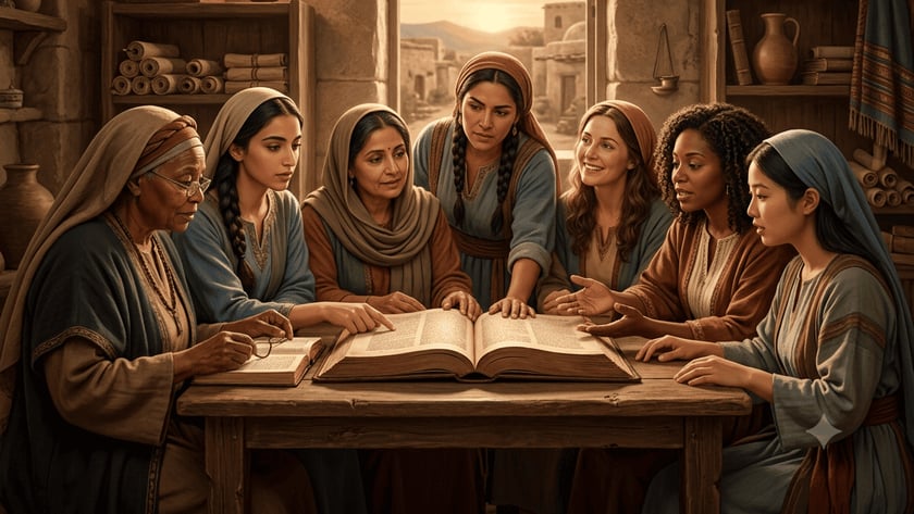 Sete mulheres de diferentes idades conversam ao redor de uma mesa com um grande livro aberto.