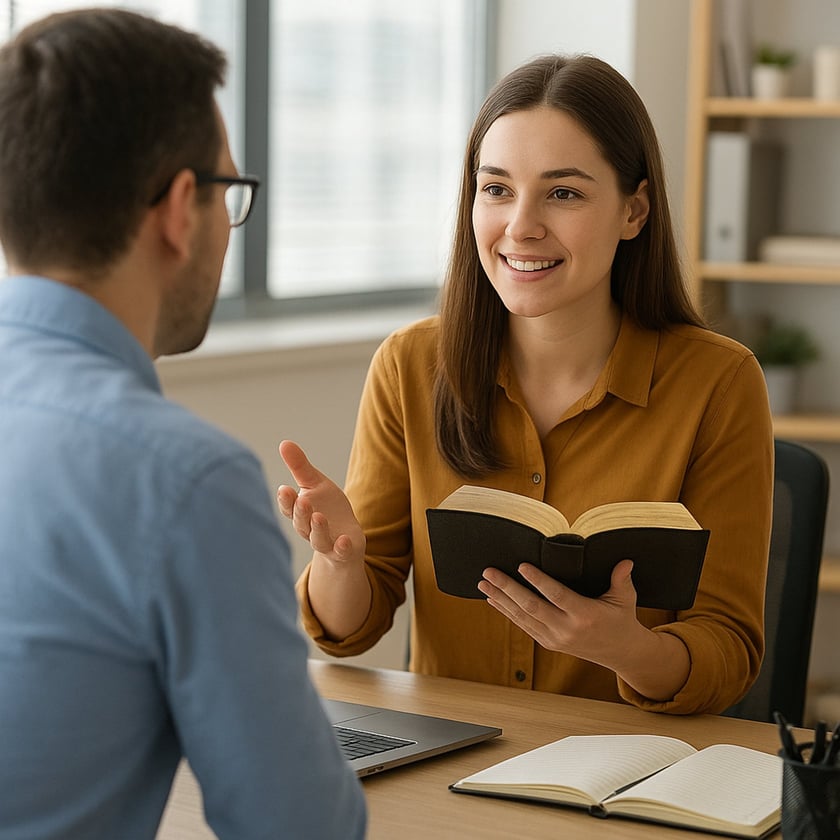Mulher segurando uma Bíblia aberta conversa com homem de óculos em uma mesa de escritório.