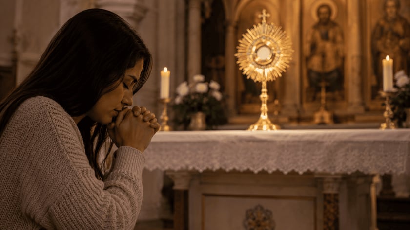 Mulher de cabelo escuro reza com as mãos juntas diante de um ostensório dourado no altar.