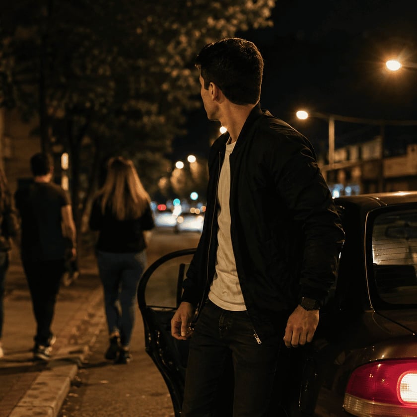 Homem de jaqueta preta ao lado de carro com a porta aberta olha para duas pessoas na calçada.