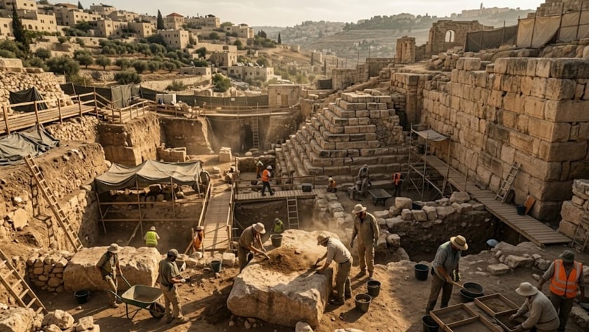 Arqueólogos escavam ruínas de pedra em sítio histórico, com colina e casas ao fundo.