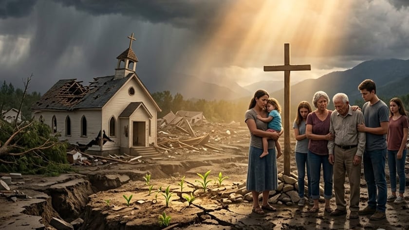 Família de cinco pessoas ao lado de uma cruz, diante de igreja destruída.