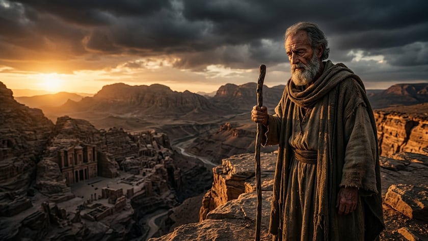 Mão segurando um cajado em penhasco, diante de ruínas escavadas na rocha no deserto ao pôr do sol.