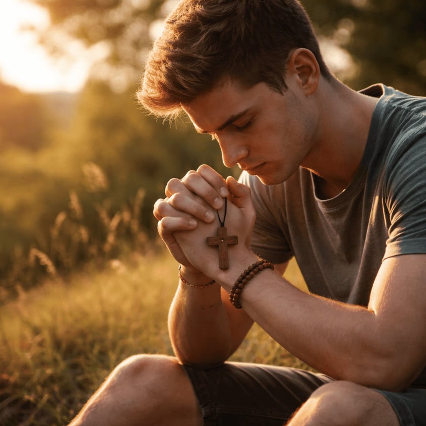 Jovem sentado na grama, de olhos fechados, com as mãos postas segurando uma cruz de madeira.