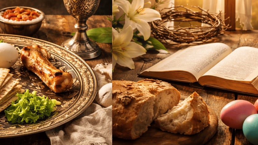 Mesa de Pessach com matzá e cálice, ao lado de cruz, lírios, Bíblia e pão.