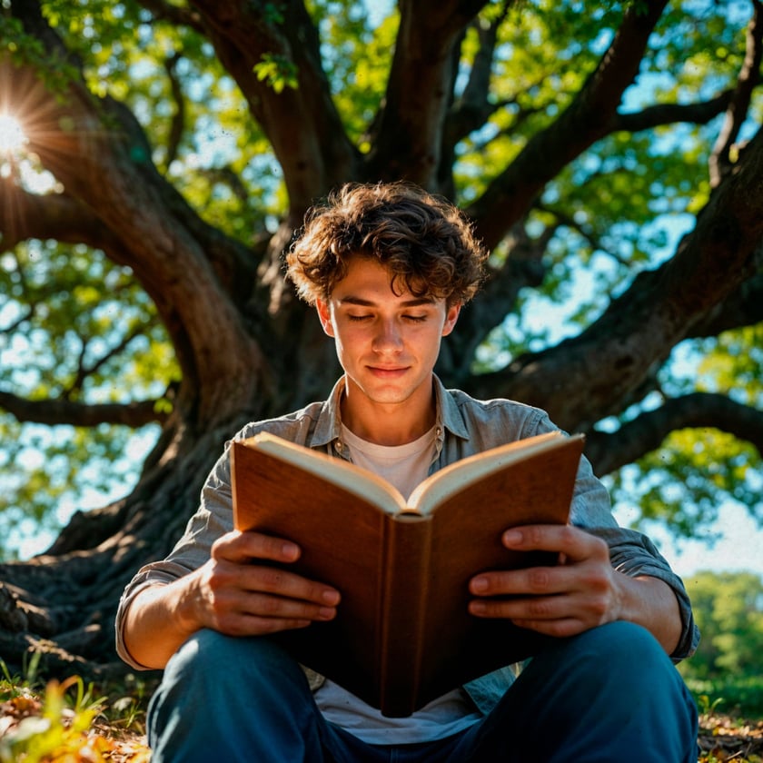 Jovem de cabelo castanho encaracolado lê um livro sentado sob uma grande árvore.