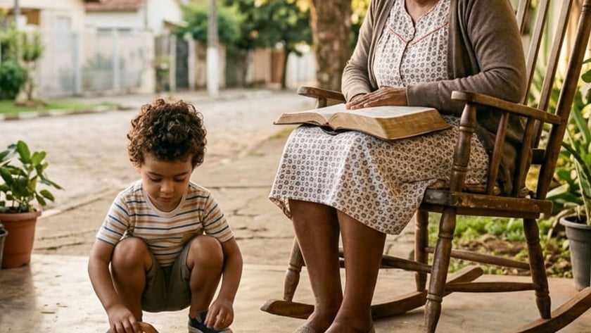 Idosa sentada em cadeira de balanço com livro no colo, ao lado de criança brincando.