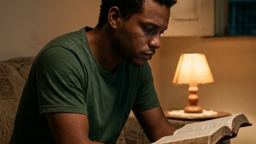 Homem de camiseta verde lê uma Bíblia sentado no sofá, com uma lágrima no rosto.
