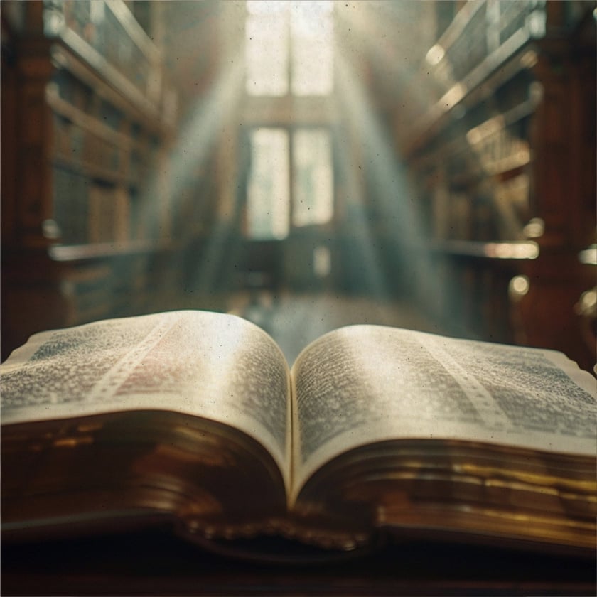 Livro grande aberto sobre uma mesa, em corredor de biblioteca com estantes de madeira e janelas