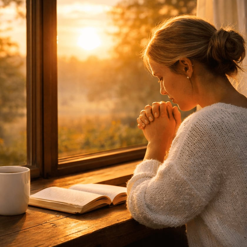 Mulher de suéter branco, de mãos postas, ao lado de livro aberto e caneca junto à janela.