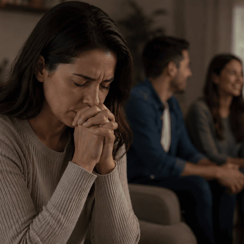 Mulher de olhos fechados e mãos unidas junto ao rosto, com três pessoas sentadas ao fundo.