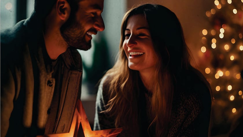 Homem e mulher sorriem um para o outro, segurando uma estrela com vela, perto de árvore de Natal.